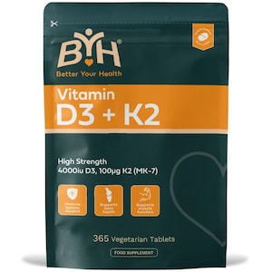 May include: A dark teal pouch with orange and white text reading "Vitamin D3 + K2". The package includes the "BYH" logo and states "High Strength" with 4000iu D3 and 100µg K2. It also indicates "365 Vegetarian Tablets" and "Food Supplement".