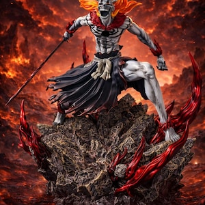 Peut inclure: Figurine détaillée d'un personnage démoniaque à la peau blanche, aux cheveux orange et au col rouge, debout sur une base rocheuse. La figurine est posée avec une épée, sur fond de feu infernal. L'expression du personnage est féroce.