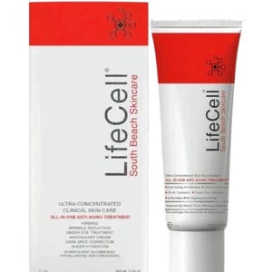 May include: LifeCell South Beach Skincare all-in-one anti-aging treatment in a white and red tube and matching rectangular box. The packaging features the LifeCell logo, text detailing clinical skin care benefits, and a net weight of 2.54 oz.