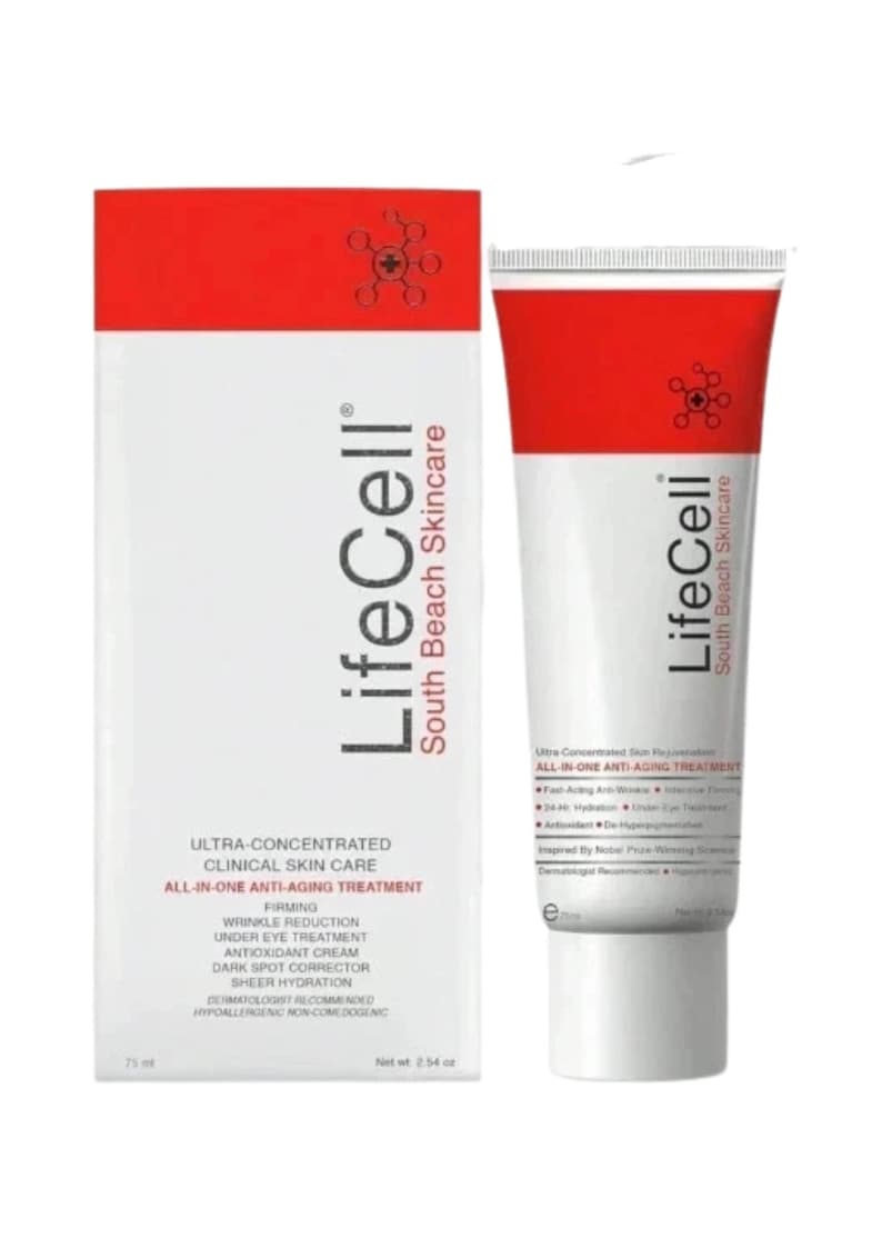 May include: LifeCell South Beach Skincare all-in-one anti-aging treatment in a white and red tube and matching rectangular box. The packaging features the LifeCell logo, text detailing clinical skin care benefits, and a net weight of 2.54 oz.