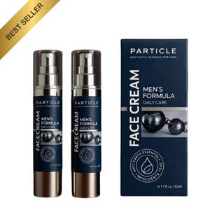 May include: Two cylindrical pump bottles and one rectangular box of Particle Face Cream. The dark blue packaging features the text Particle Aesthetic Science For Men, Men's Formula Daily Care, and a 1.7 fl. oz. volume label on the box.