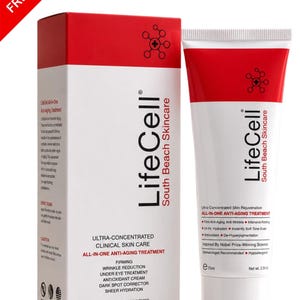 May include: A white and red LifeCell South Beach Skincare box and tube. The packaging features the text Ultra-Concentrated Clinical Skin Care, All-In-One Anti-Aging Treatment, Firming, Wrinkle Reduction, and a net weight of 2.54 oz and 75 ml.