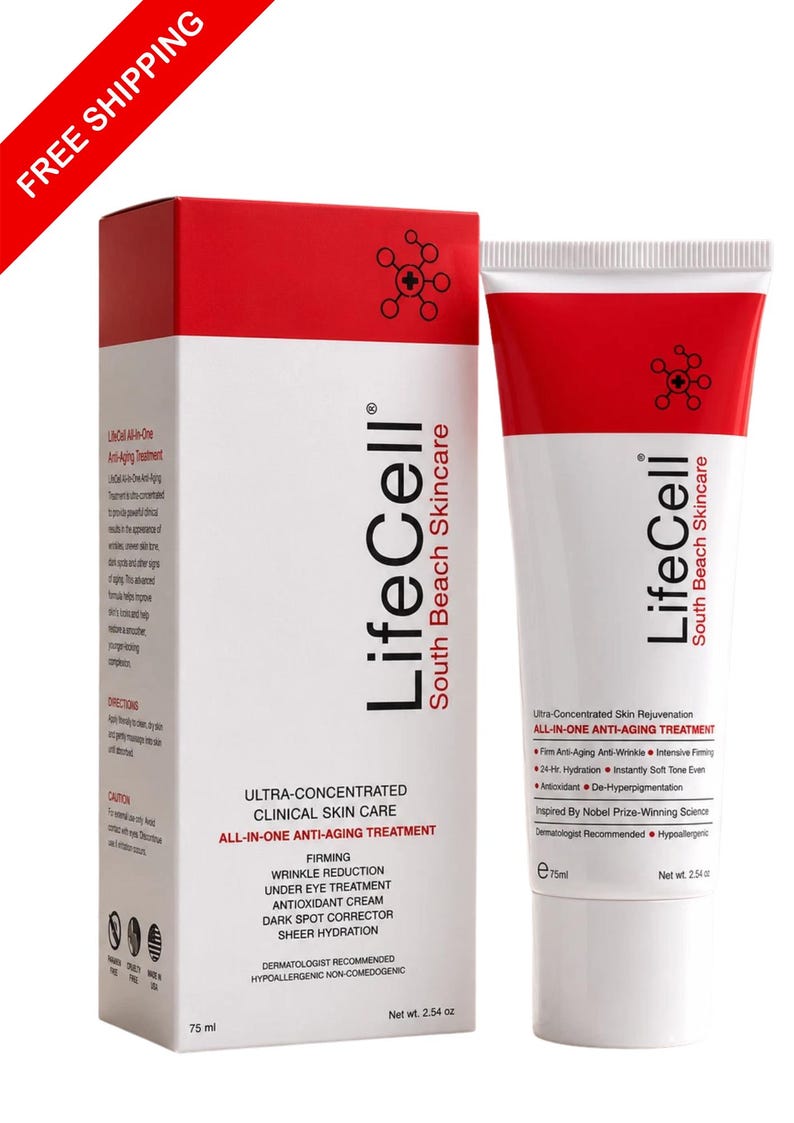 May include: A white and red LifeCell South Beach Skincare box and tube. The packaging features the text Ultra-Concentrated Clinical Skin Care, All-In-One Anti-Aging Treatment, Firming, Wrinkle Reduction, and a net weight of 2.54 oz and 75 ml.