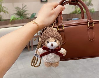 Llavero de peluche de osito, adorno para mochila de punto, regalo para amantes de los osos.