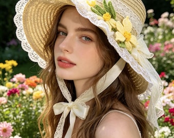 Handmade Crocheted Flower Straw Hat with,Summer Wedding Tea Party Headwear,Sun hat