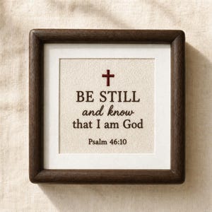 May include: A square wall art piece featuring a dark brown wooden frame and a cream-coloured fabric insert. The centre displays embroidered text that reads "BE STILL and know that I am God" with "Psalm 46:10" below and a small red cross above.