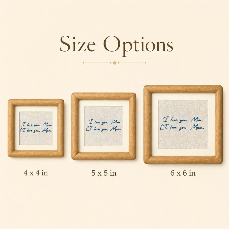 May include: Three framed prints with the text "I love you, Mom. I love you, Mum." in blue script. The frames are wood-toned, and the prints are available in 4 x 4 in, 5 x 5 in, and 6 x 6 in sizes. The words "Size Options" are at the top.