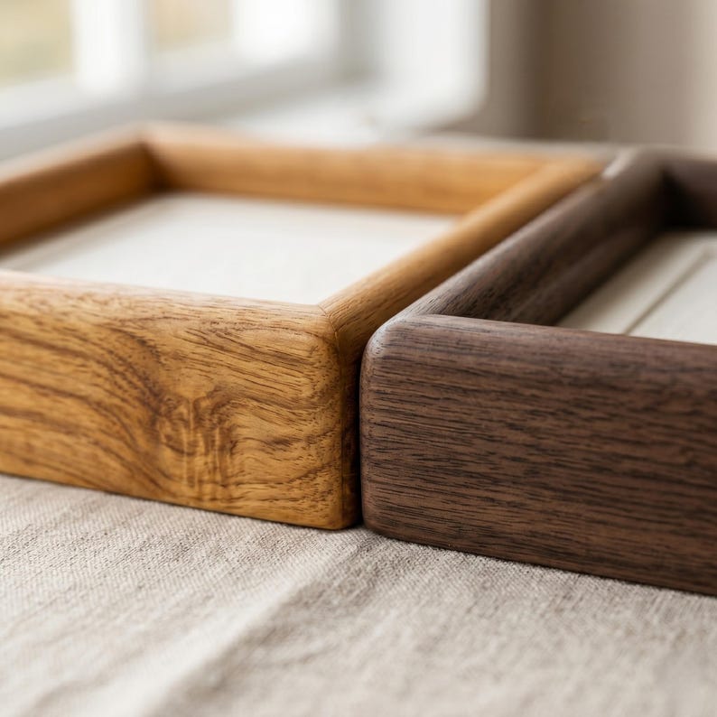 May include: Two wooden picture frames, one light brown and one dark brown, are positioned side by side. The frames have a square shape with a recessed area for the artwork. The wood grain is visible, adding texture to the frames.