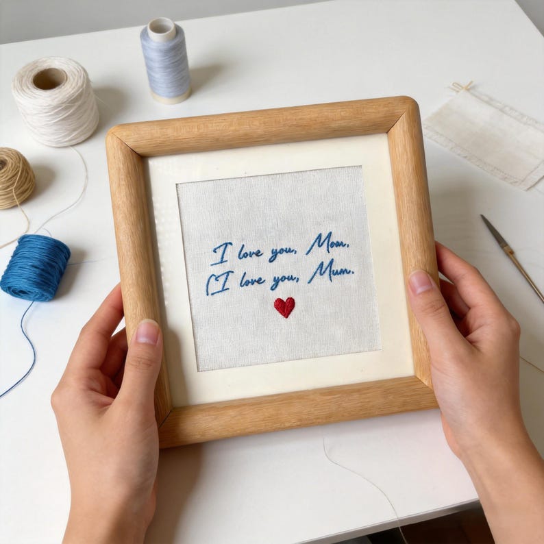 May include: A framed embroidery with the text "I love you, Mom. I love you, Mum." in blue thread, with a red heart. The frame is made of light-colored wood. Craft supplies, including spools of thread, are visible.