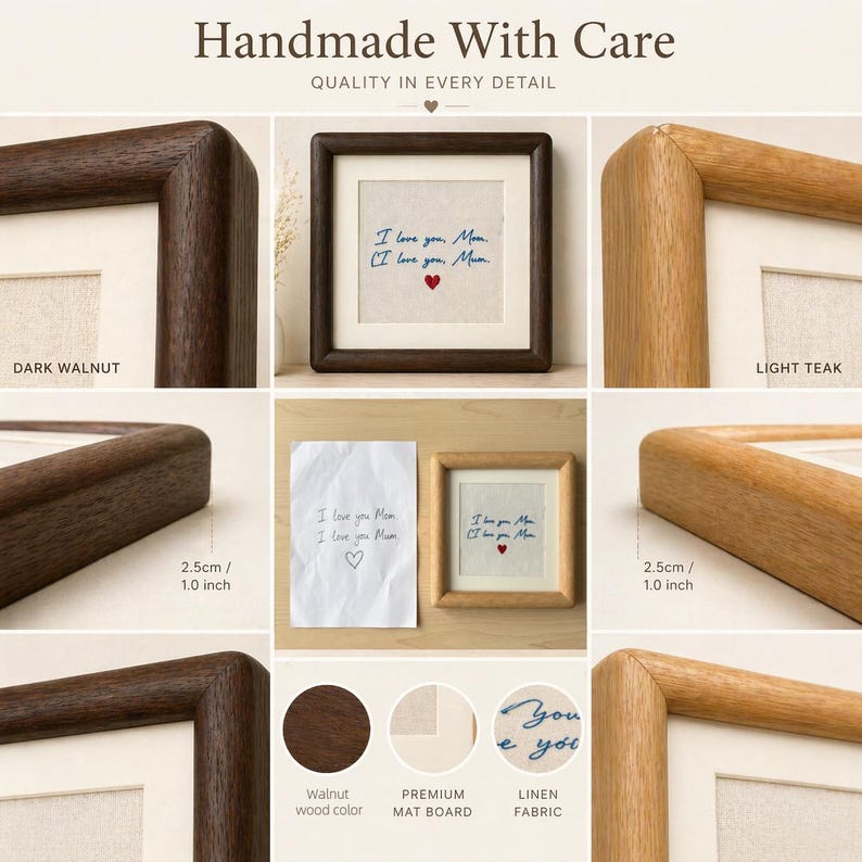 May include: Square framed artwork with dark walnut and light teak wood options. The artwork features the handwritten text "I love you, Mom. I love you, Mum" with a red heart. The frame is 1.0 inch thick.
