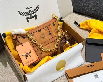 MCM Style Brown Leather Hand Bag, Genuine Cowhide Leather, Elegant Design best gift for her