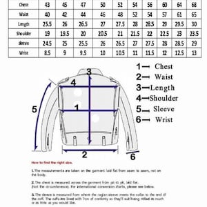 Puede incluir: Tabla de tallas de chaquetas para hombre, con medidas en cent&iacute;metros para pecho, cintura, largo, hombro, manga y mu&ntilde;eca. Incluye un diagrama de una chaqueta con puntos de medici&oacute;n numerados e instrucciones.