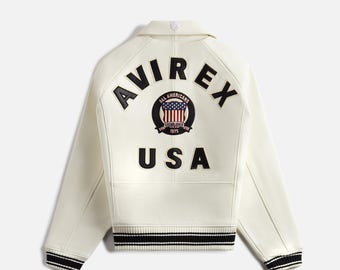 Chaqueta de cuero blanca para motociclista Avirex, auténtica Cowsoft y chaqueta bomber de vuelo americana.