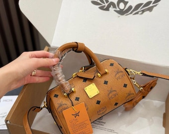 MCM Style Brown Leather Hand Bag, Genuine Cowhide Leather, Elegant Design