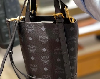 MCM Style Black Leather Shoulder Bag, Cowhide Leather, Elegant Design