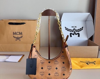 MCM Style Brown Leather Hand Bag, Cowhide Leather, Elegant Design