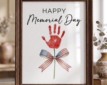 Happy Memorial Day Handprint Printable, Patriotic Kids Craft, USA Flag Bow Art, Memorial Day Digital Download, Keepsake Wall Decor