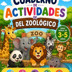 Puede incluir: Un libro de actividades colorido titulado MI PRIMER CUADERNO DE ACTIVIDADES DE DEL ZOOLÓGICO con ilustraciones de jirafa, elefante, panda, león, cebra, mono e hipopótamo. La portada incluye iconos para trazos, recortes, sombras, diferencias y encontrar iguales.