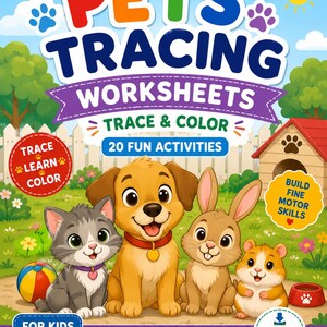 Puede incluir: Una colorida portada de libro de actividades educativas titulada PETS TRACING WORKSHEETS, con un gato, perro, conejo y hámster de dibujos animados en un jardín. El texto incluye TRACE & COLOR, 20 FUN ACTIVITIES, FOR KIDS AGES 3-5 y RAFA BUKS.