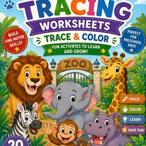 Puede incluir: Una portada de libro Zoo Tracing Worksheets con animales de dibujos animados que incluyen un león, cebra, elefante, mono, jirafa e hipopótamo. El texto dice Zoo Tracing Worksheets, Trace & Color, Fun Activities to Learn and Grow, 20 Fun Pages.