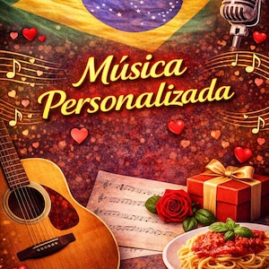 Op de afbeelding: Een afbeelding met een Braziliaans thema, met een gitaar, bladmuziek, een rode geschenkdoos en spaghetti. De Braziliaanse vlag en een vintage microfoon zijn ook aanwezig. De tekst "Música Personalizada" wordt weergegeven.