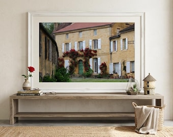 French Countryside Photography, Red Roses Stone House Print, Dordogne Village Wall Art (Digital Download)