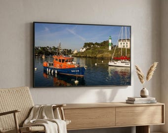 Brittany Coast Digital Print, Doelan Harbor Photography, SNSM Lifeboat Wall Art, Green Lighthouse Decor, France Coastal Landscape, Frame TV