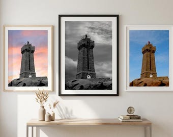 Mean Ruz Lighthouse Triptych, Brittany Coastal Photography Set, Sunset Monochrome Clarity Prints