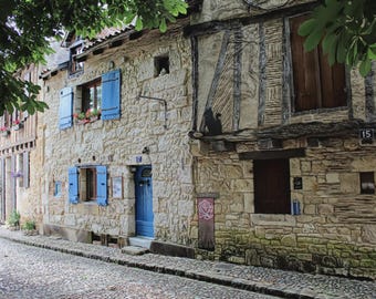 French Countryside Print, Bergerac Stone House, Blue Shutters, Medieval Village Street Art