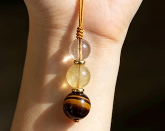 Ciondolo per cellulare Wu Xing in cristallo di terra / Citrino occhio di tigre / Accessorio boho Feng Shui / Wuxing