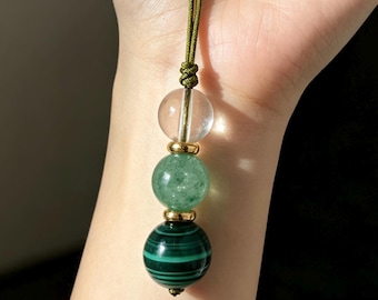 Wu Xing Wood Crystal Phone Charm | Malachite Green Quartz, Strawberry Quartz | Feng Shui Boho Accessory | Wuxing