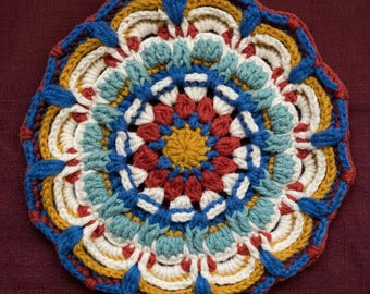Handmade Mandala Crochet Coaster in Chinoiserie Colors | Colorful Boho Tea Coaster, Palace-Inspired Home Decor Gift
