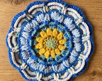 Starry Night Crochet Coaster, Van Gogh Sunflower Mandala Mug Rug, Handmade Blue Boho Coffee Coaster for Cozy Mornings
