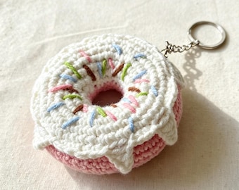 Crochet Donut Keychain, Handmade Amigurumi Donut Bag Charm, Chocolate or Strawberry, Cute Food Keyring, Small Gift for Her