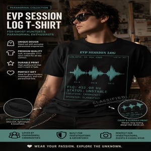 May include: Black t-shirt with a teal graphic of an EVP session log, featuring text and a waveform design. The shirt includes the text "EVP SESSION LOG T-SHIRT" and is made of soft, breathable cotton. Ideal for paranormal enthusiasts.