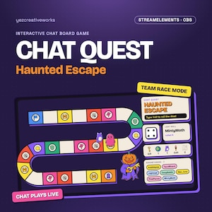 Może przedstawiać: Interaktywna gra planszowa na czat o tytule Chat Quest Haunted Escape. Cyfrowy interfejs zawiera krętą planszę z kolorowymi polami, panel trybu wyścigu drużynowego, wyświetlacz rzutu kośćmi oraz listę aktywnych graczy z ikonami.