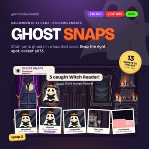 Könnte beinhalten: Eine digitale Halloween-Chat-Spieloberfläche mit dem Titel GHOST SNAPS, die einen Spukraum mit violetten Vorhängen, einem Kamin und fünf Polaroid-Fotos von Geisterfiguren zeigt, darunter eine mit der Aufschrift Witch Reader und Text.