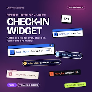 May include: A digital check-in widget display featuring retro pop-up alert boxes in various colours and shapes. Text includes "CHECK-IN WIDGET", "luna_byte checked in", "aurora_glitch was first", "pixel_nova said hi", "milo_vibes grabbed a coffee", and "retro_kai is hyped".
