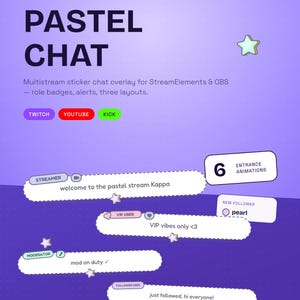 May include: A digital graphic display for a multistream sticker chat overlay featuring the text Pastel Chat, StreamElements, OBS, Twitch, YouTube, and Kick. It includes examples of chat boxes with role badges, follower alerts, and six entrance animations.