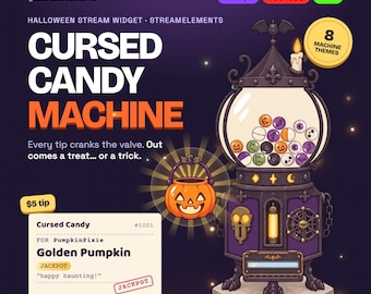 May include: A digital graphic featuring a purple and black candy machine with a glass globe filled with round treats, a lit candle on top, and a jack-o'-lantern bucket. Text includes Cursed Candy Machine, 8 Machine Themes, and a tip receipt.
