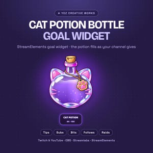 May include: A digital Cat Potion Bottle Goal Widget for streaming, featuring a purple potion bottle shaped like a cat head with a pink paw print charm. The graphic includes the text Cat Potion Bottle Goal Widget, Cat Potion 64/100, and platform labels.