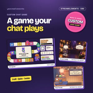 Puede incluir: Una pantalla gráfica digital para un juego de chat personalizado que presenta una interfaz de juego de mesa llamada Chat Quest, un widget interactivo Cursed Candy y un widget interactivo Plate Parade. El texto incluye A game your chat plays y !roll, !join, !vote.