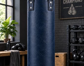 Saco de boxe premium em couro azul marinho – Saco de pancada estilo vintage para treinamento (vazio)