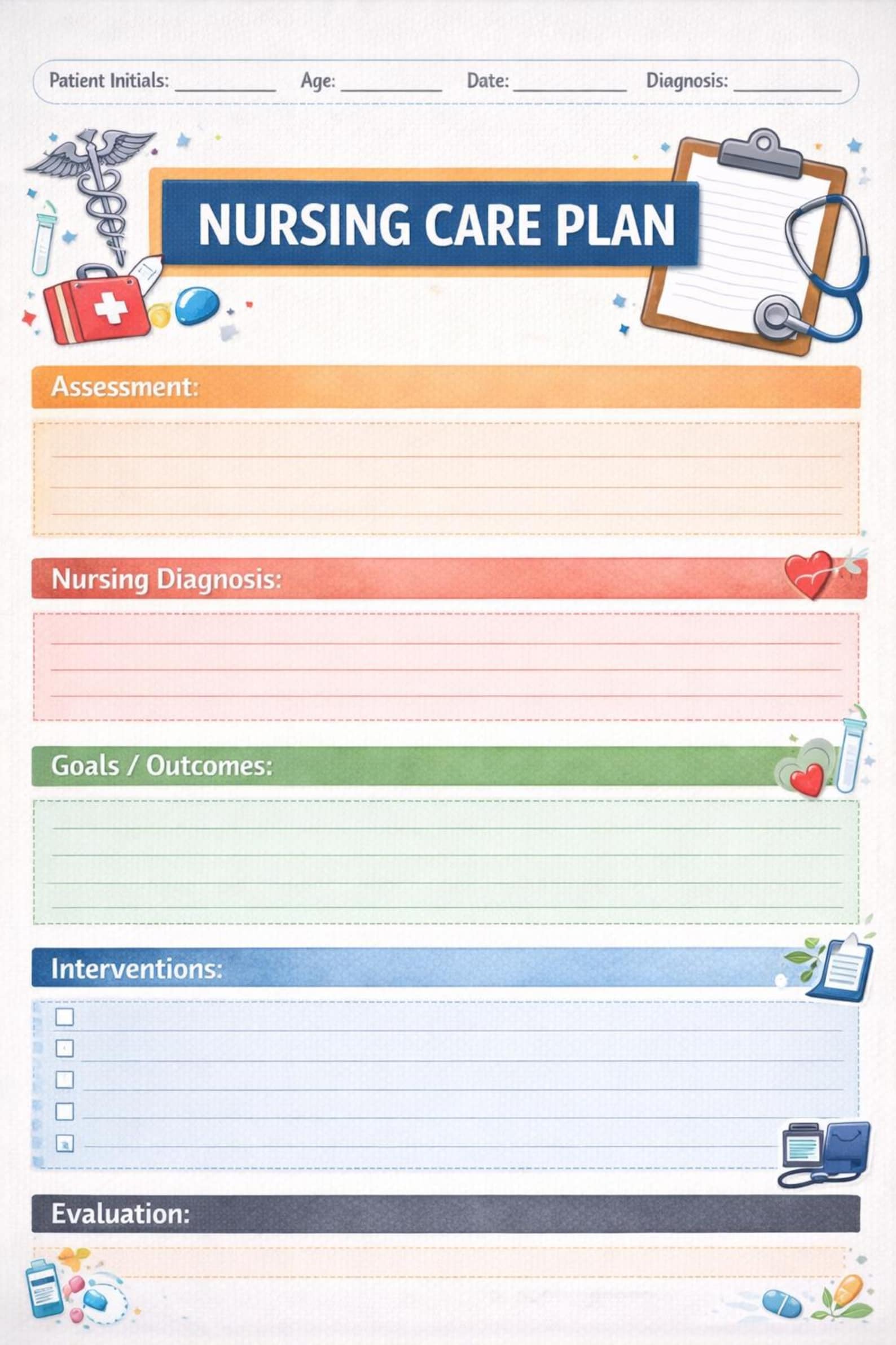 Nursing Care Plan Template Printable | Nursing Student Worksheet ...