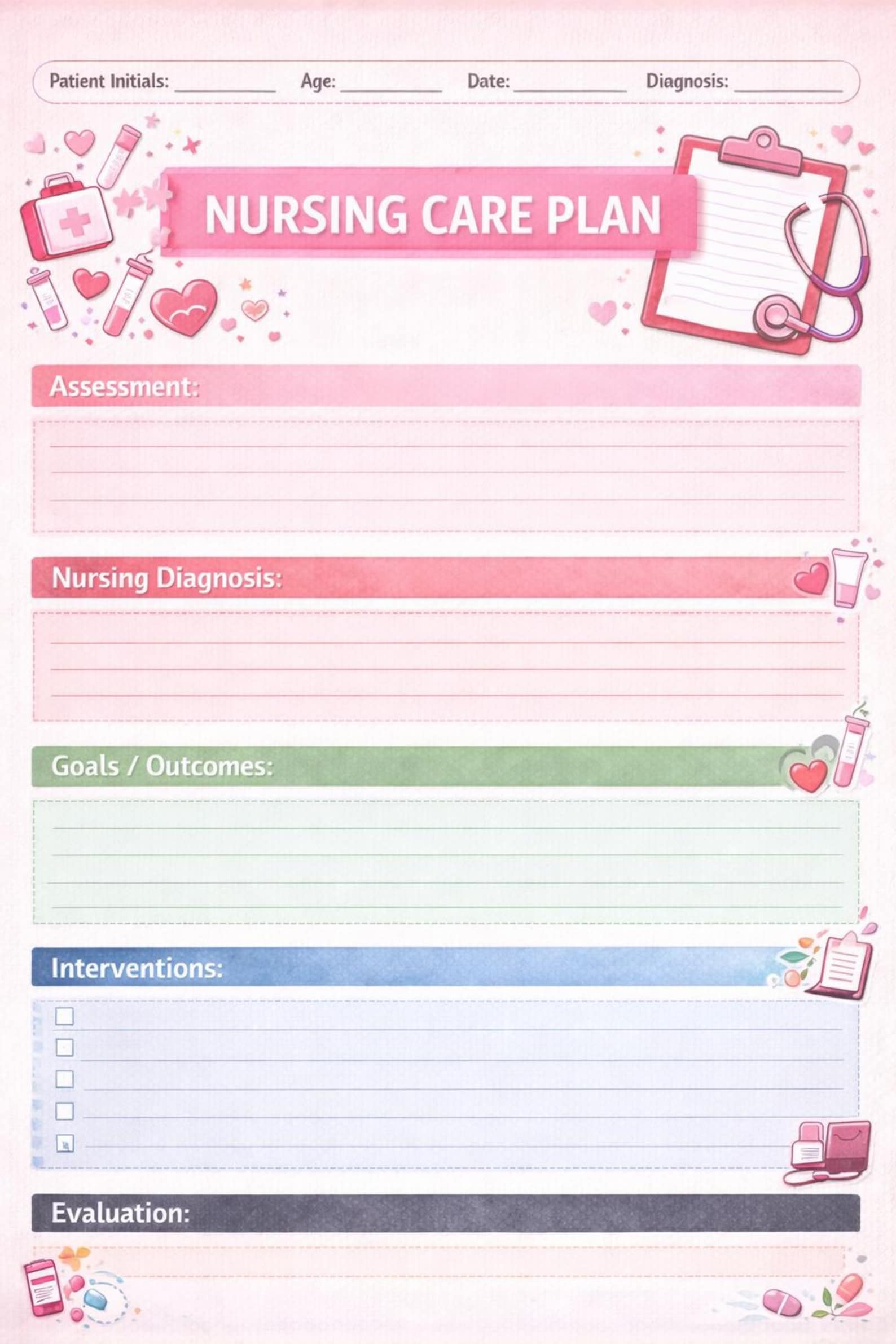 Nursing Care Plan Template Printable | Nursing Student Worksheet ...