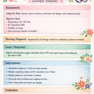 May include: A nursing care plan template with floral accents. The document includes sections for assessment, nursing diagnosis, goals, interventions, and evaluation. Text includes patient data and medical instructions.
