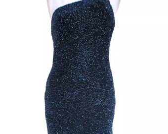 Vintage 1990s Scala Cocktailkleid One Shoulder Chiffon Perlen Kleid Seide Medium Frauen