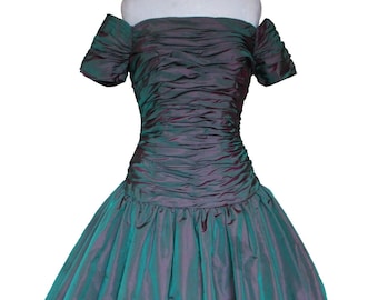 Vintage 1970s Victor Costa Dress, XS Women, Hunter Green Taffeta, Strapless, Ruffle Trim