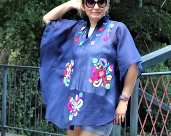Vintage Caftan Top, Swimsuit Cover Up, Free Size Women, embroidered sheer poncho