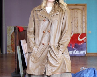 Leather Overcoat, Vintage 1970s 24k Leather By Dan Di Modes Leather Coat, Knee Length, Double Breasted, Pockets